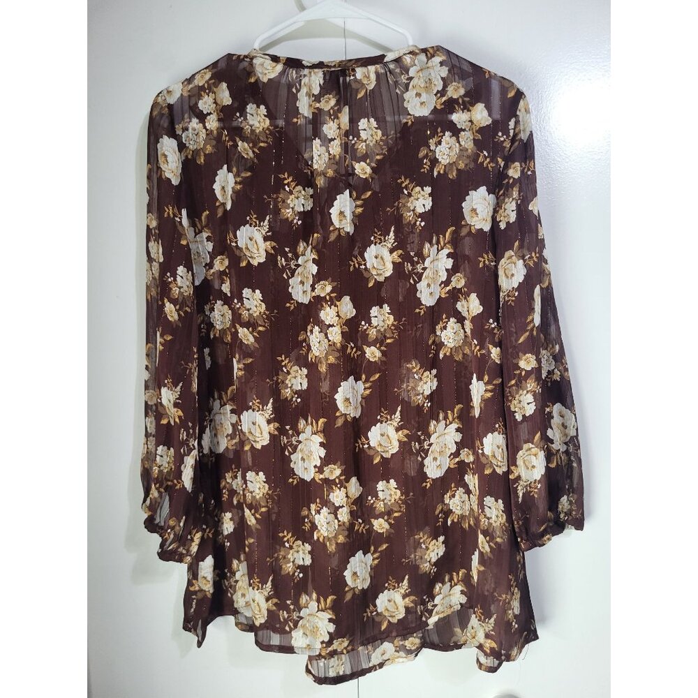 Sabrina Lauren XL Brown Gold Floral Ruffle Boho Festival Top Fairy Whimsy Sheer - Picture 2 of 9